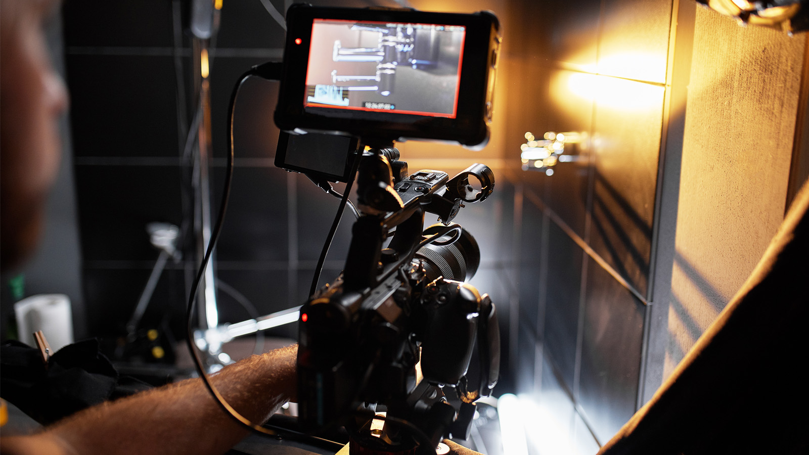 Film crew on set filming a commercial video.