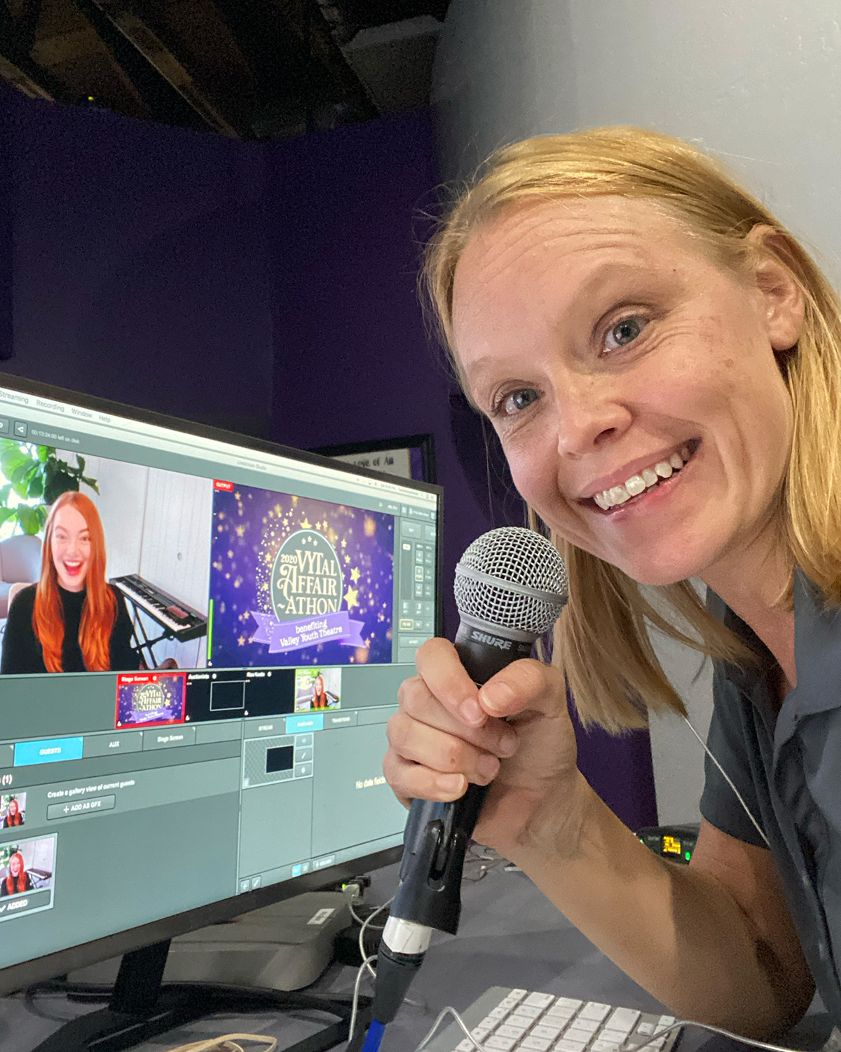Candace on a video call with Emma Stone during a live telethon in 2020